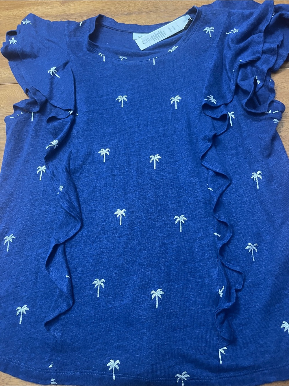 Nwt Chicos Blue Palm-Print Ruffle Sleeve Linen Tee Sz 0 🌴